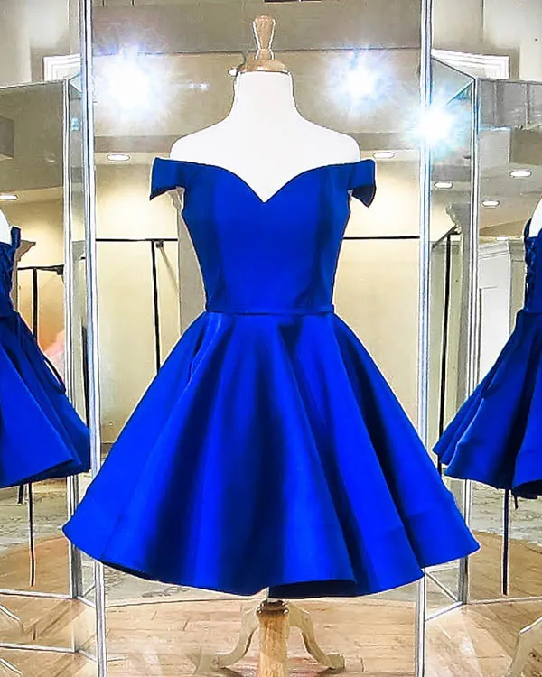 2018 Off The Shoulder Royal Blue Satin Short Homecoming Dresses Fashion V-Neck Graduation Party Gowns