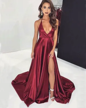 2019 Sexy Deep V-Neck Royal Blue Prom Dresses with Split Side Long Prom Party Gowns