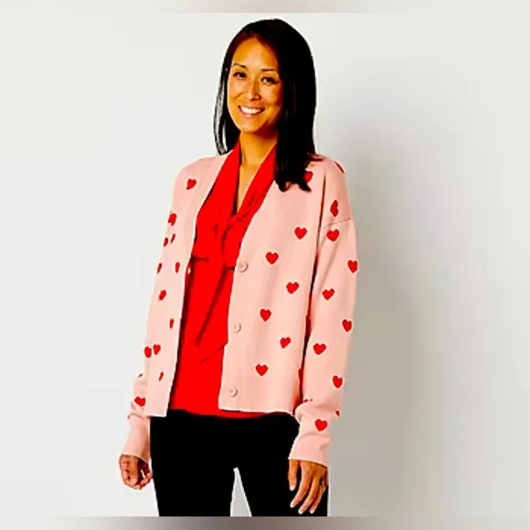 Abbott Elementary Womens V Neck Long Sleeve Hearts Cardigan Women’s Sweater