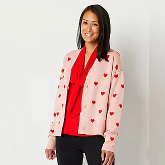 Abbott Elementary Womens V Neck Long Sleeve Hearts Cardigan Women’s Sweater