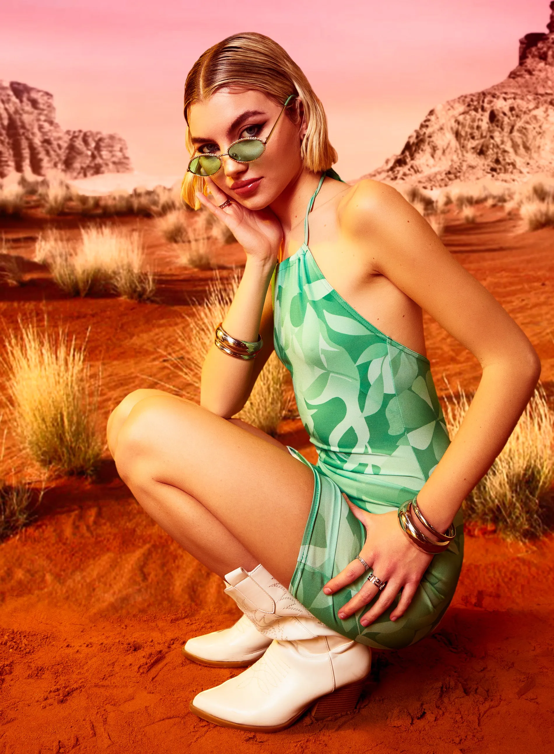 Abstract Tropical Halter Neck Mini Dress