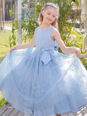 Baby Blue Jewel Neck Sleeveless Bows Lace Tulle Polyester Kids Social Party Dresses