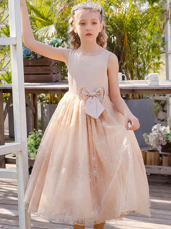 Baby Blue Jewel Neck Sleeveless Bows Lace Tulle Polyester Kids Social Party Dresses