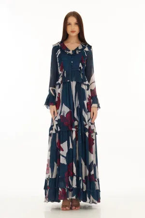 Blue, Off White & Red Floral Frill Long Dress