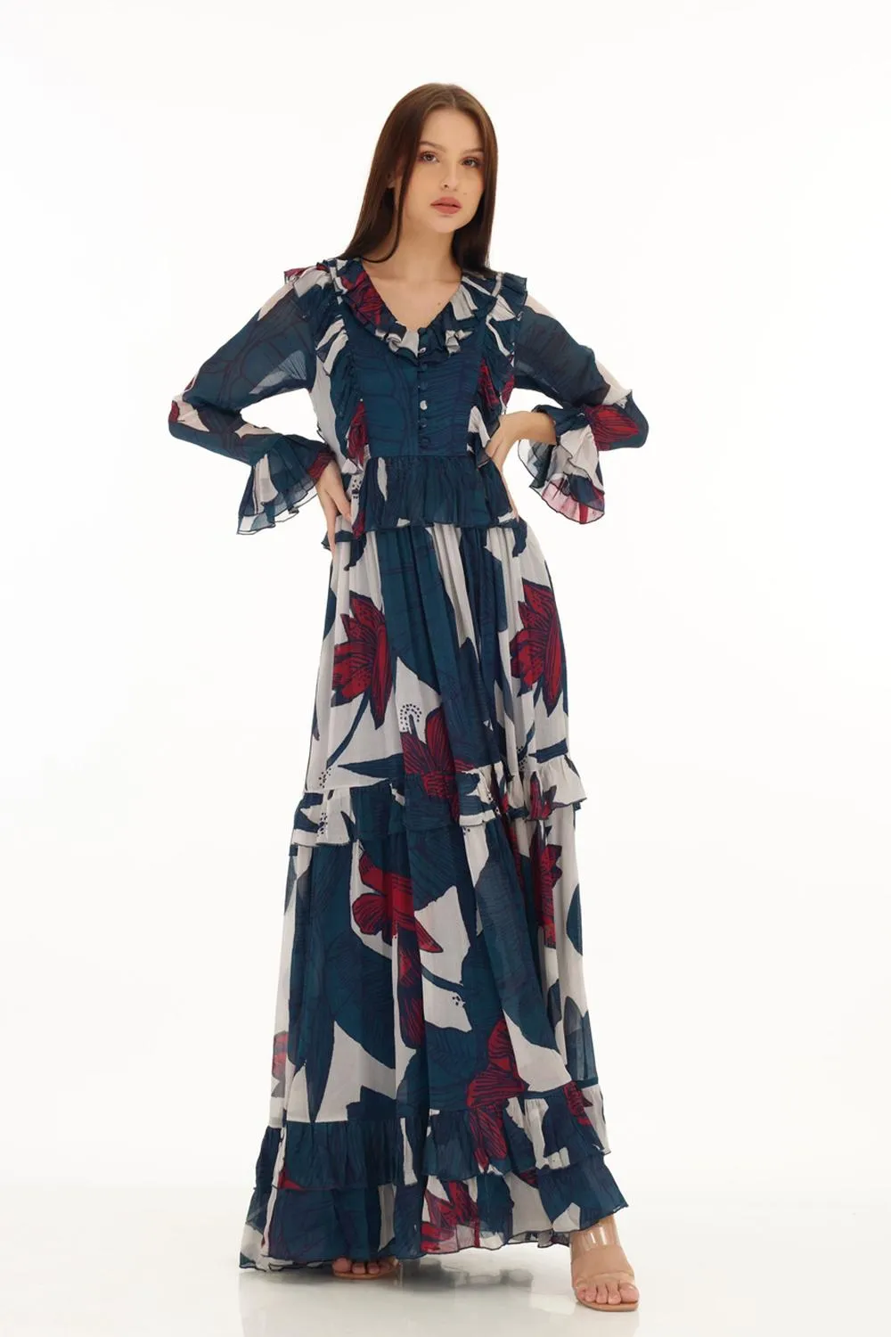 Blue, Off White & Red Floral Frill Long Dress