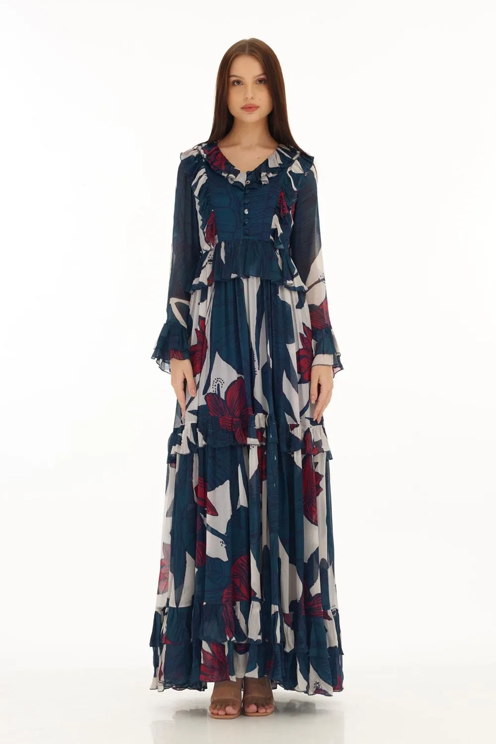 Blue, Off White & Red Floral Frill Long Dress