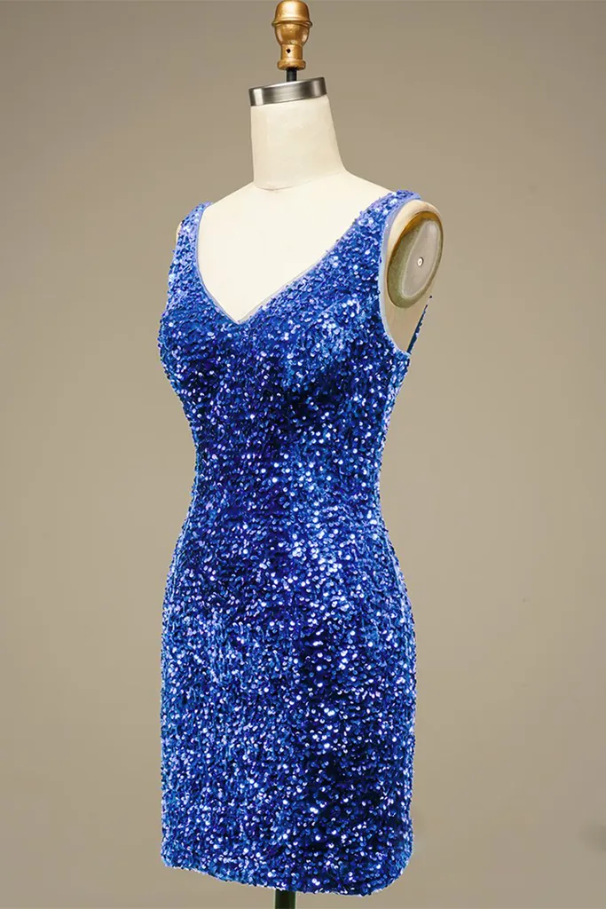 Blue Sequin V Neck Bodycon Mini Homecoming Dress