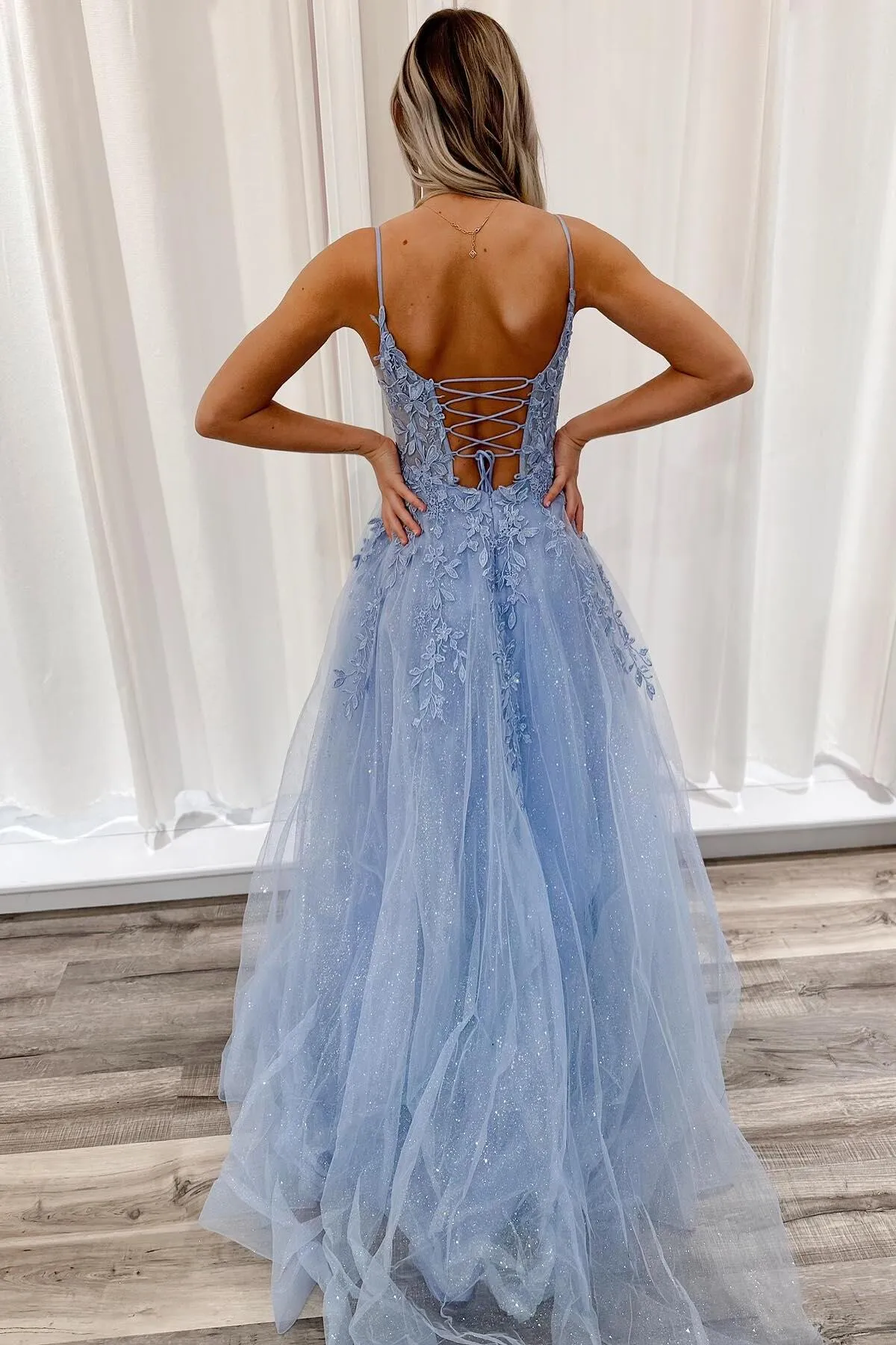 Blue Straps Lace Appliques A-line Long Formal Dress