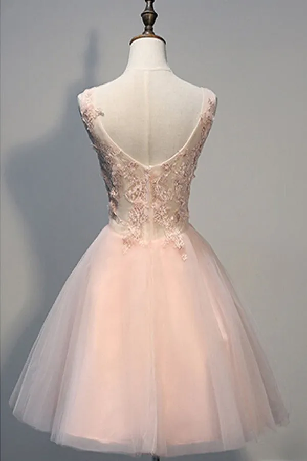 Blush Pink Beaded Backless V-neck Lace Homecoming Dresses Short Prom Dress, SH370