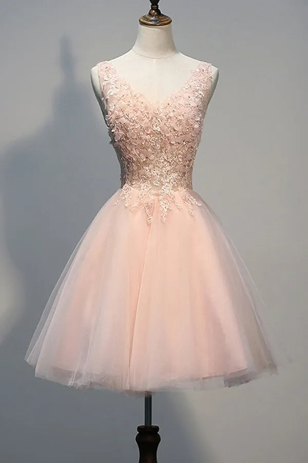 Blush Pink Beaded Backless V-neck Lace Homecoming Dresses Short Prom Dress, SH370