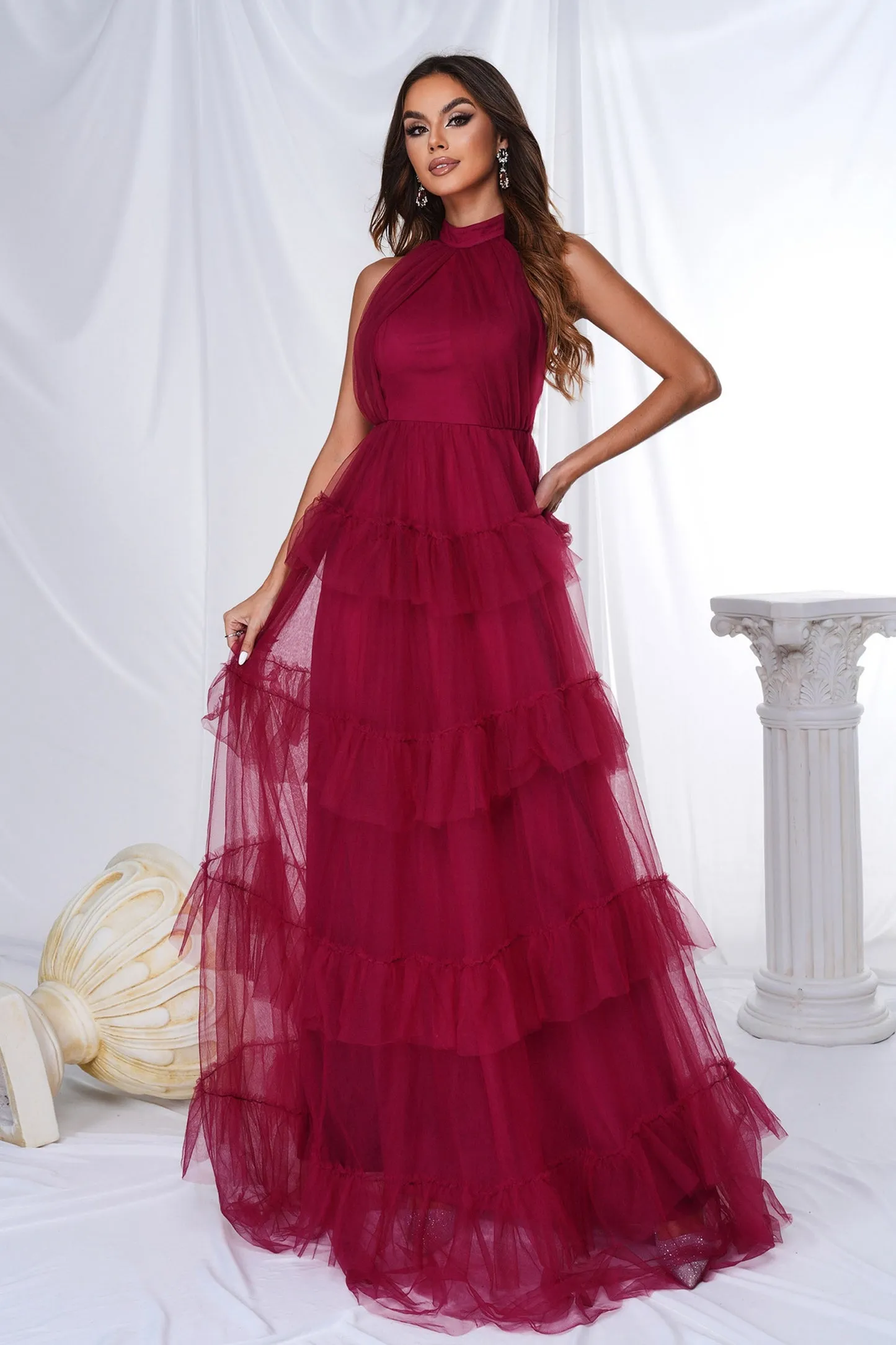 Burgundy Halter Tiered Tulle A Line Long Prom Dress