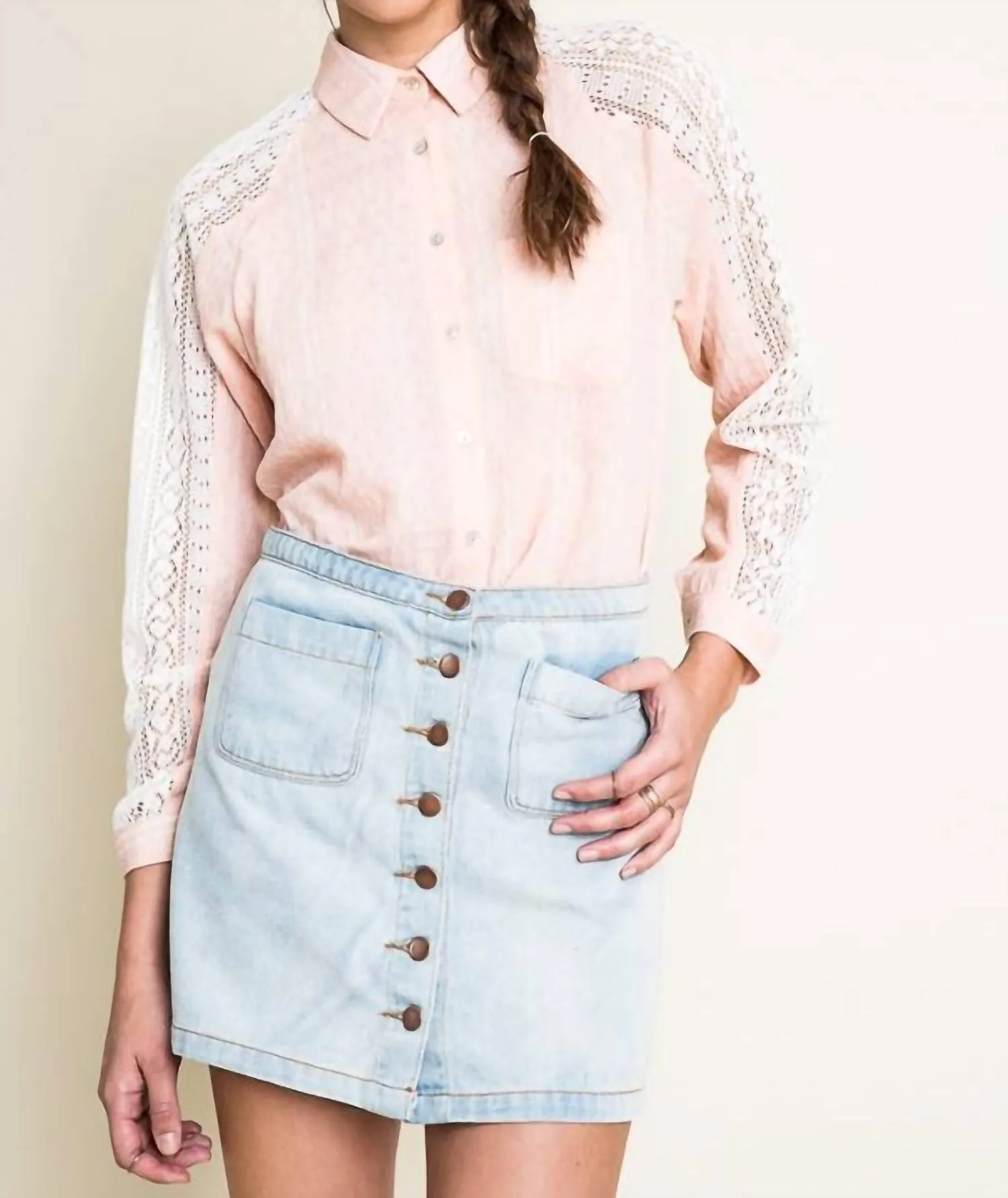 Chambray & Lace Blouse In Peach