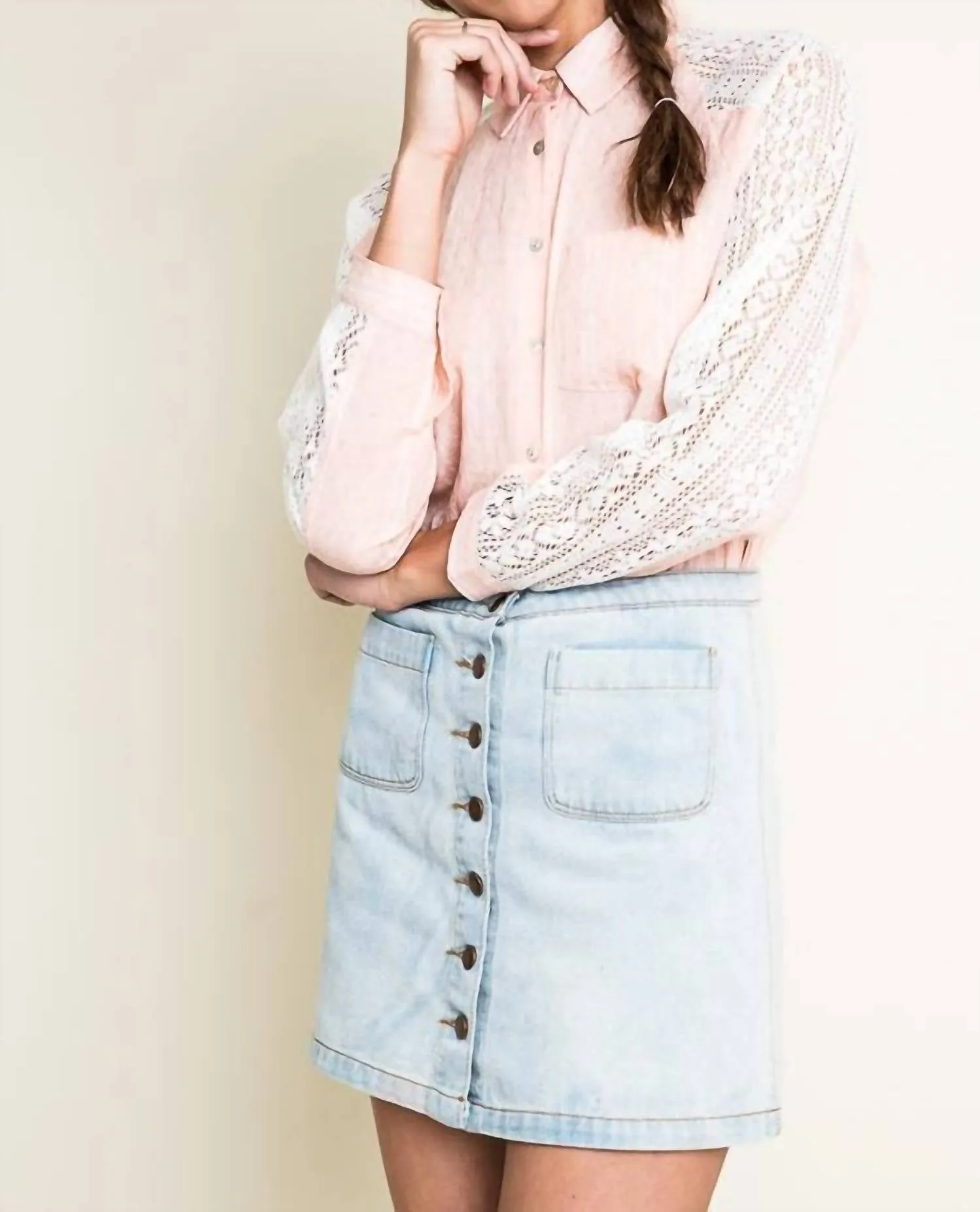 Chambray & Lace Blouse In Peach