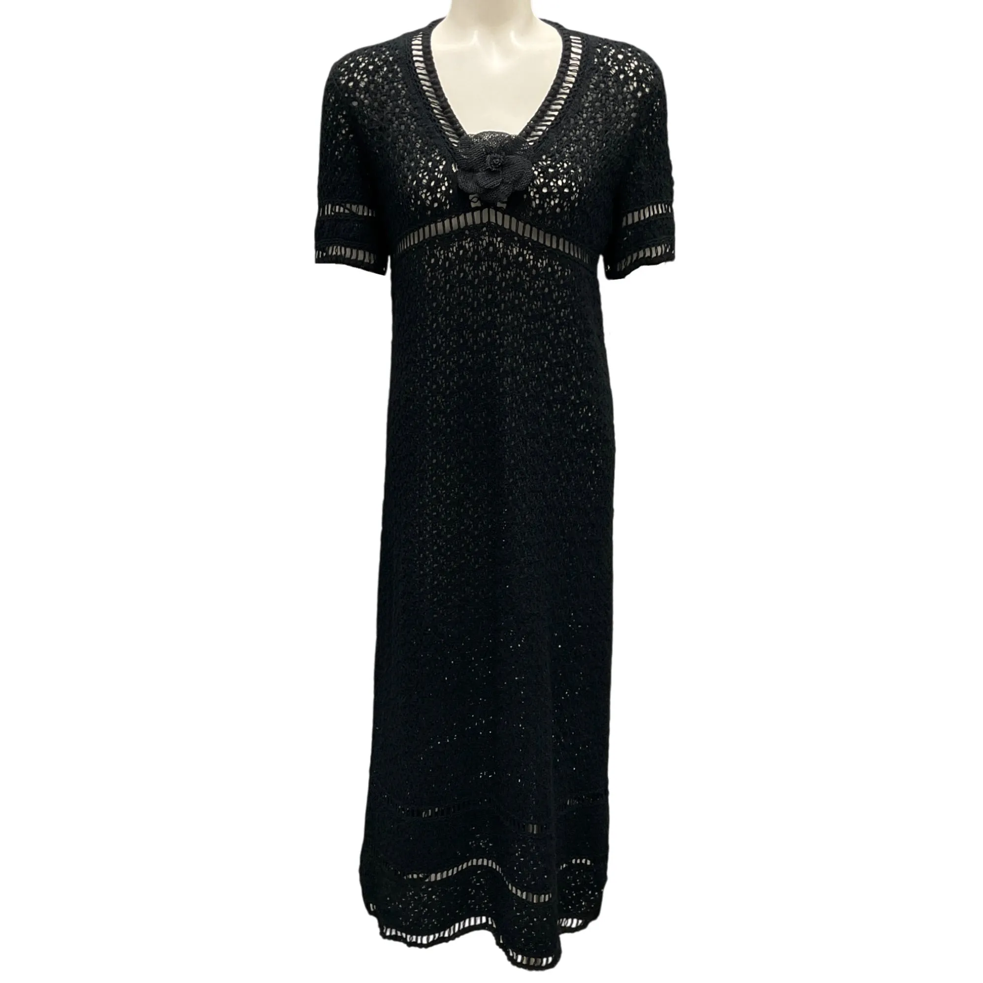 Chanel Black Camellia Brooch Short Sleeved Crochet Knit Midi Dress