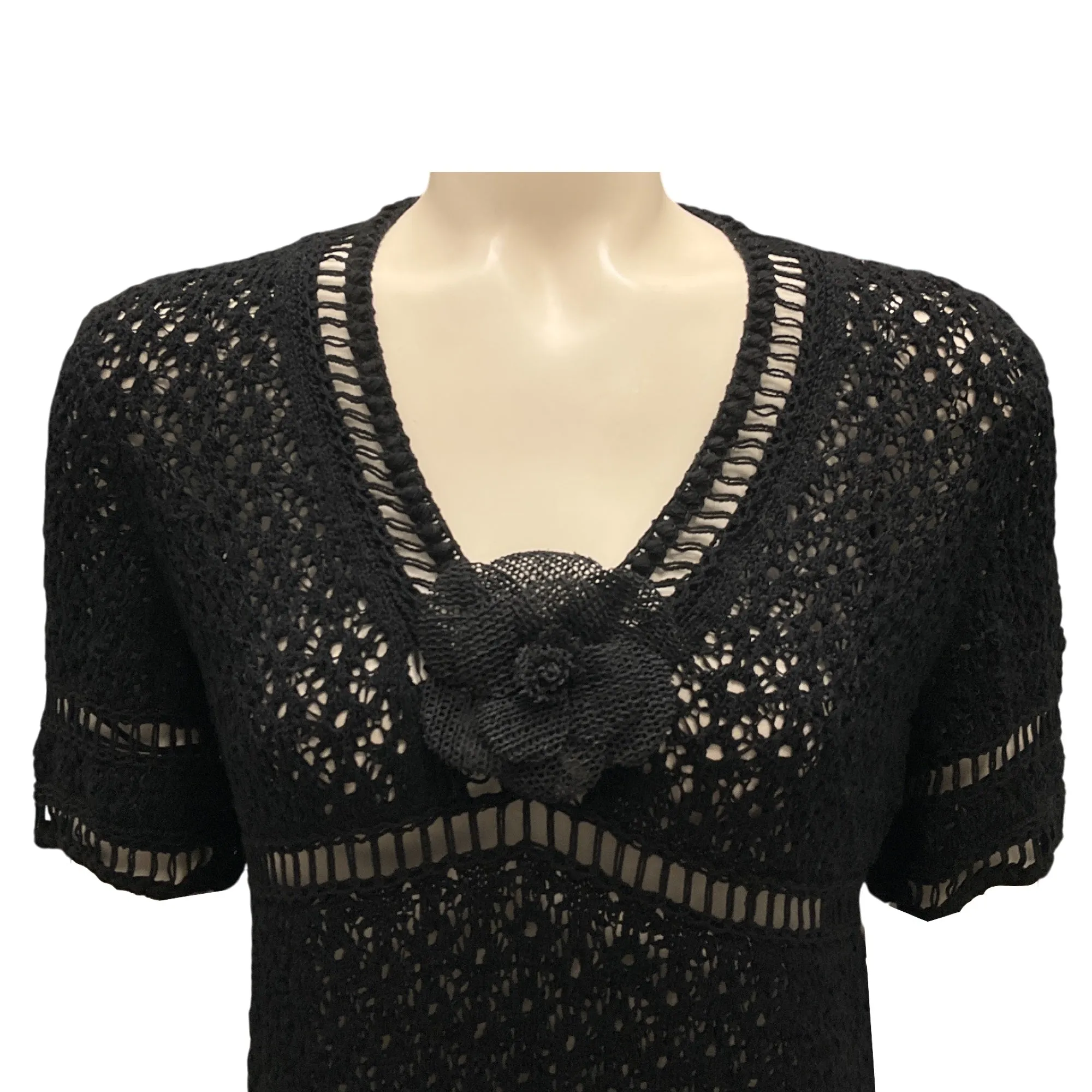 Chanel Black Camellia Brooch Short Sleeved Crochet Knit Midi Dress