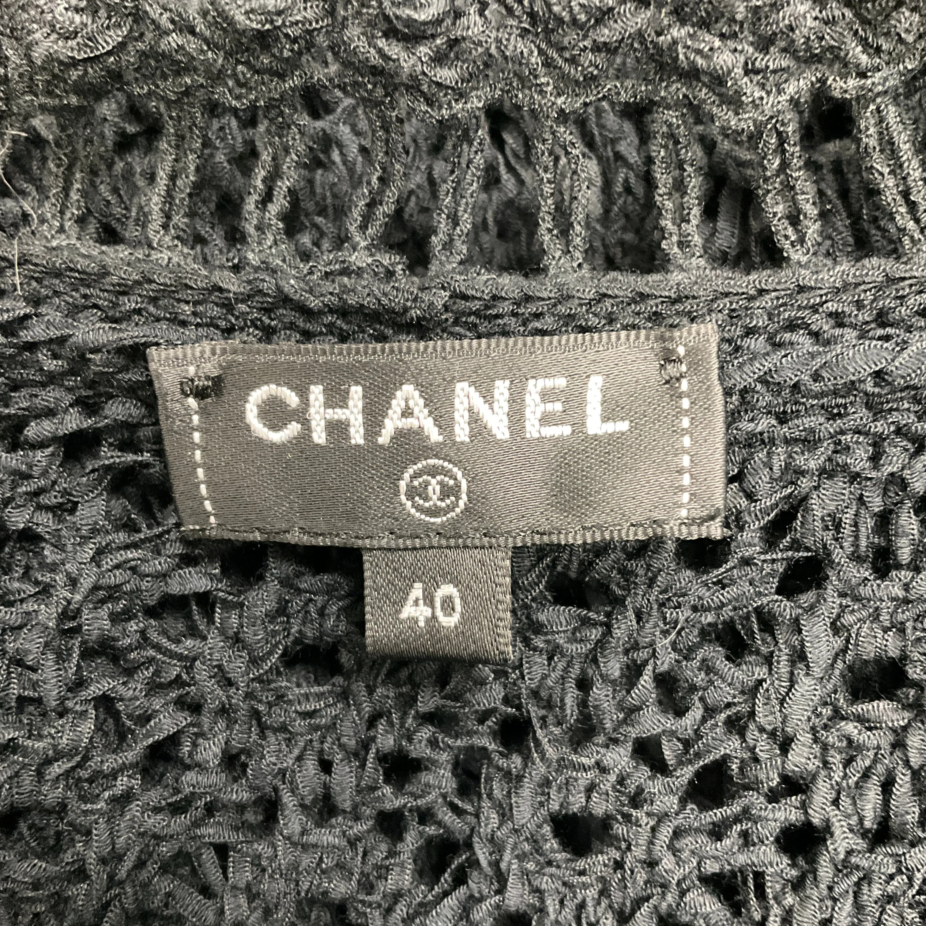 Chanel Black Camellia Brooch Short Sleeved Crochet Knit Midi Dress