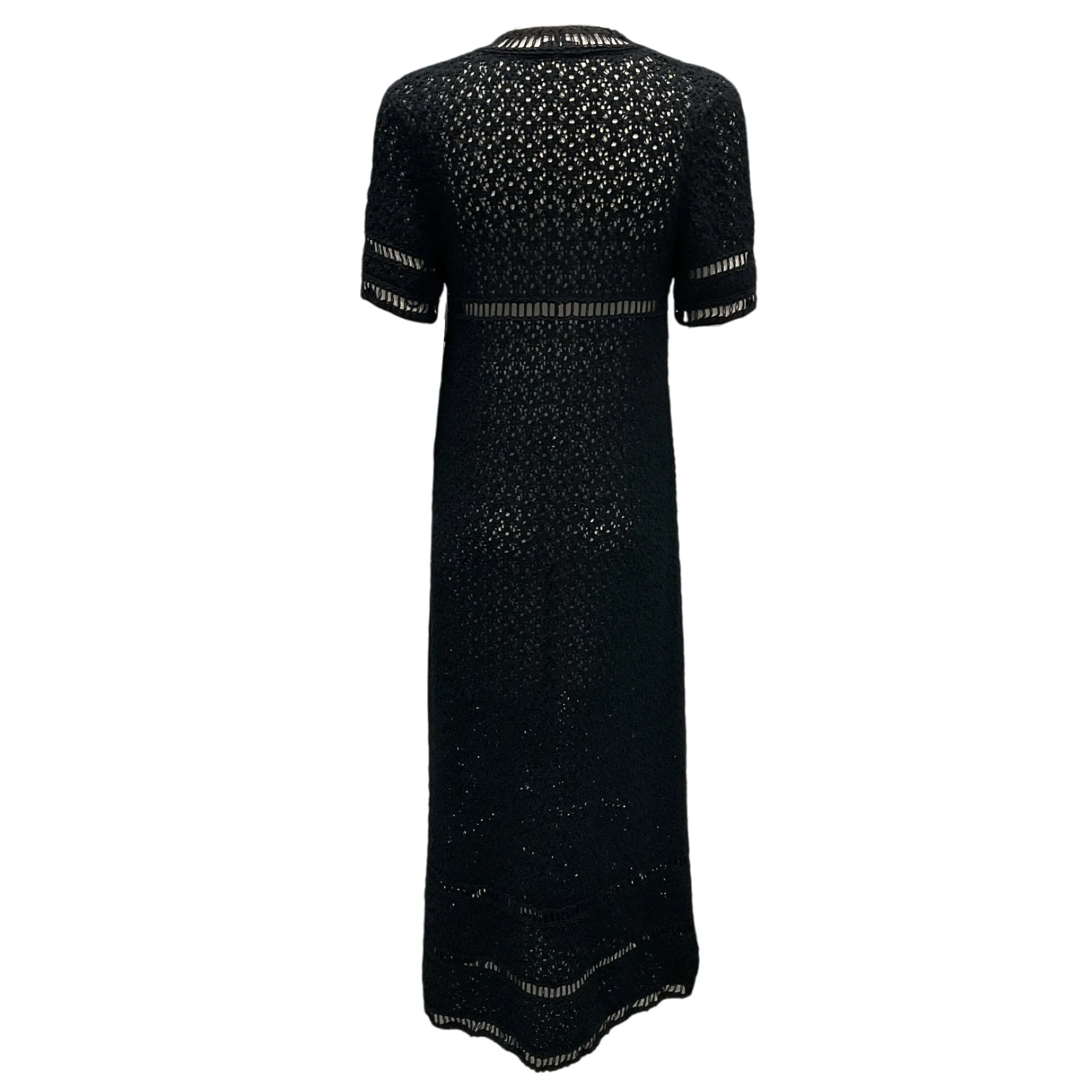 Chanel Black Camellia Brooch Short Sleeved Crochet Knit Midi Dress