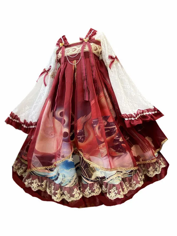 Classic Lolita OP Dress Red Long Sleeve Bows Polyester Lolita Jumper Skirt Cloak Set