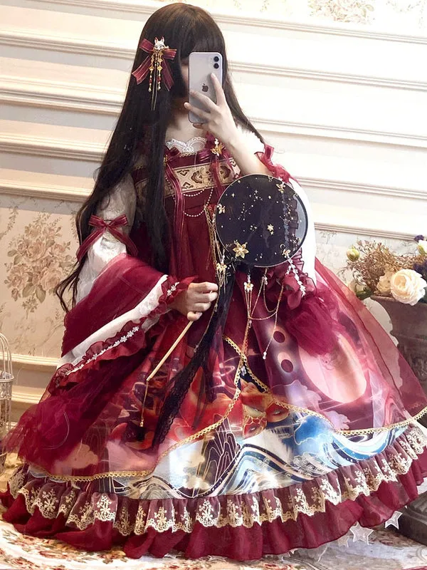 Classic Lolita OP Dress Red Long Sleeve Bows Polyester Lolita Jumper Skirt Cloak Set