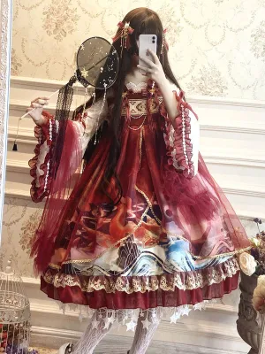Classic Lolita OP Dress Red Long Sleeve Bows Polyester Lolita Jumper Skirt Cloak Set