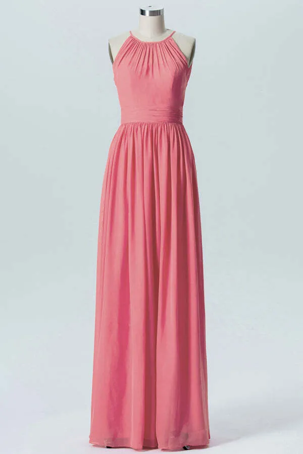 Coral Chiffon A-line Halter Long Bridesmaid Dress