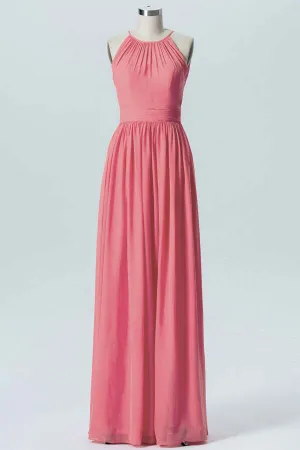 Coral Chiffon A-line Halter Long Bridesmaid Dress