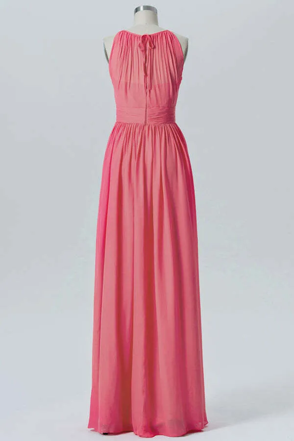 Coral Chiffon A-line Halter Long Bridesmaid Dress