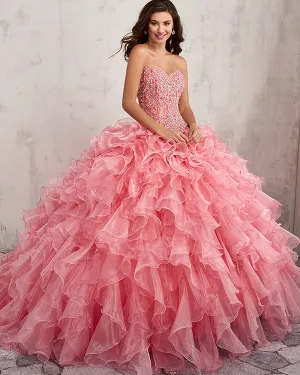 Coral Pink Organza Ruffles Quinceanera Dresses Beadings Sweetheart Ball Gown vestidos de quinceañera