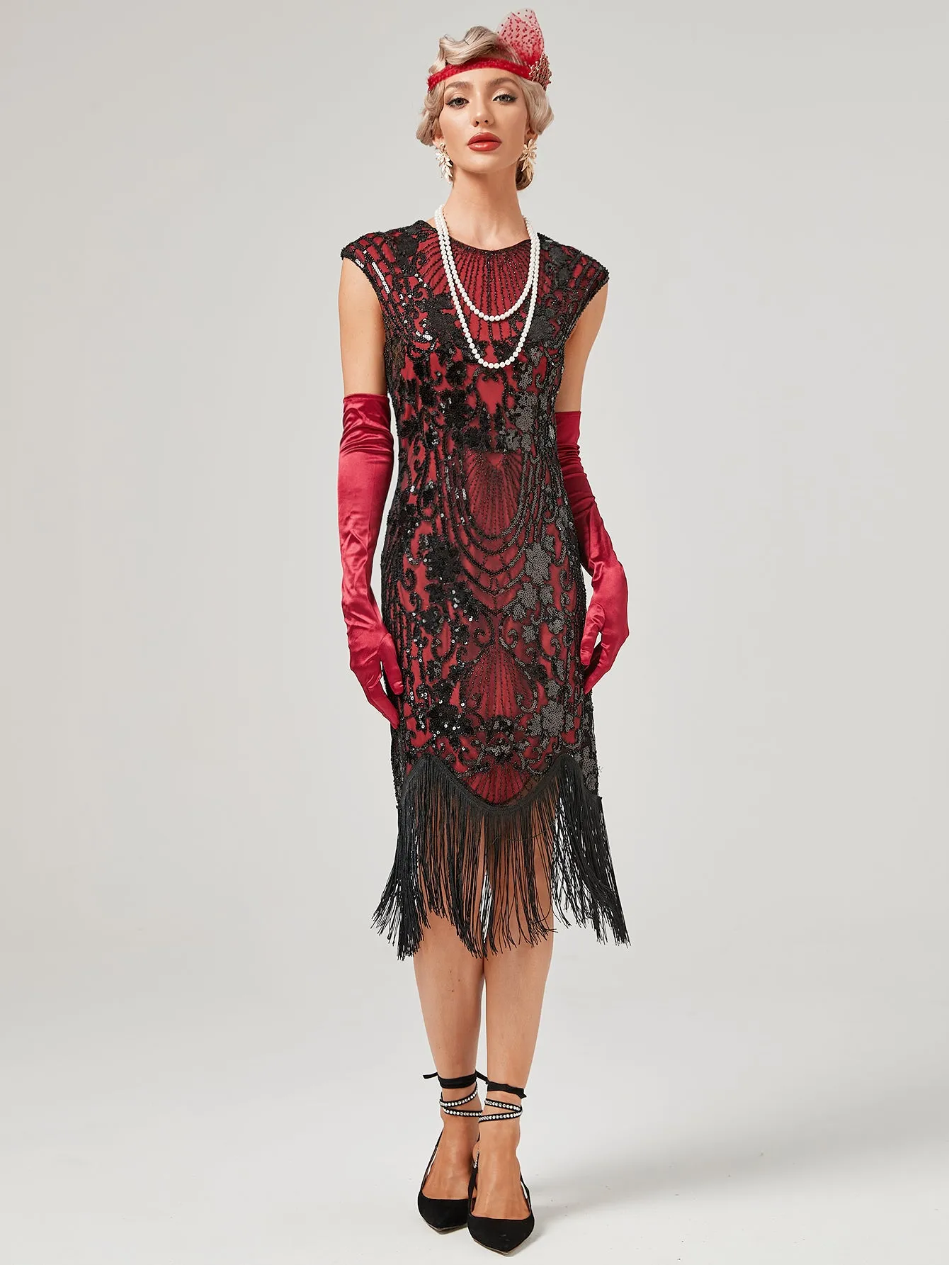 Crew Neck Sequined Beaded Cap Sleeve Tassels 1920S Gatsby Dress
