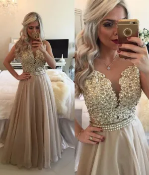 Custom Made Sleeveless Champagne Prom Dress, Champagne Evening Dresses