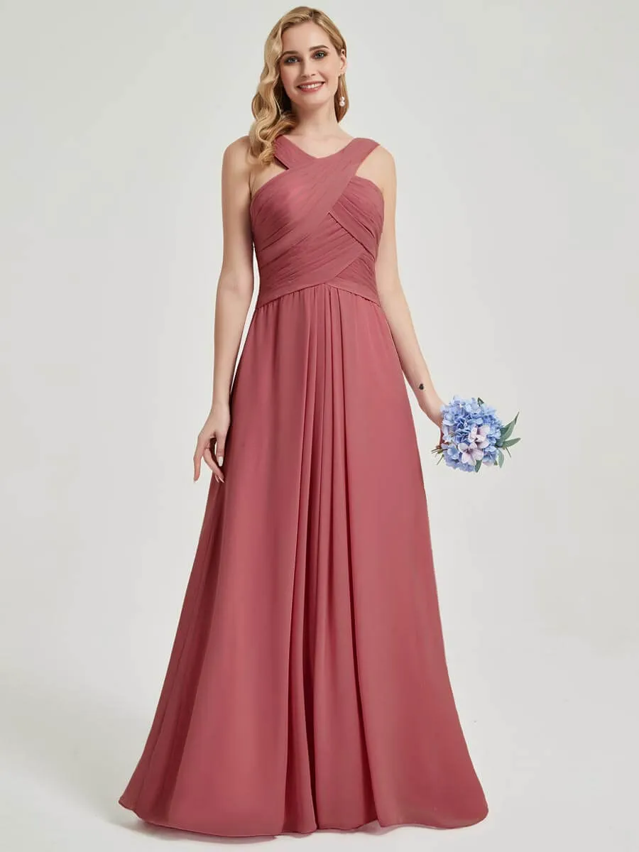 Desert Rose Cross Neck A-Line Floor Length Chiffon Bridesmaid Dresses