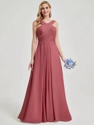 Desert Rose Cross Neck A-Line Floor Length Chiffon Bridesmaid Dresses