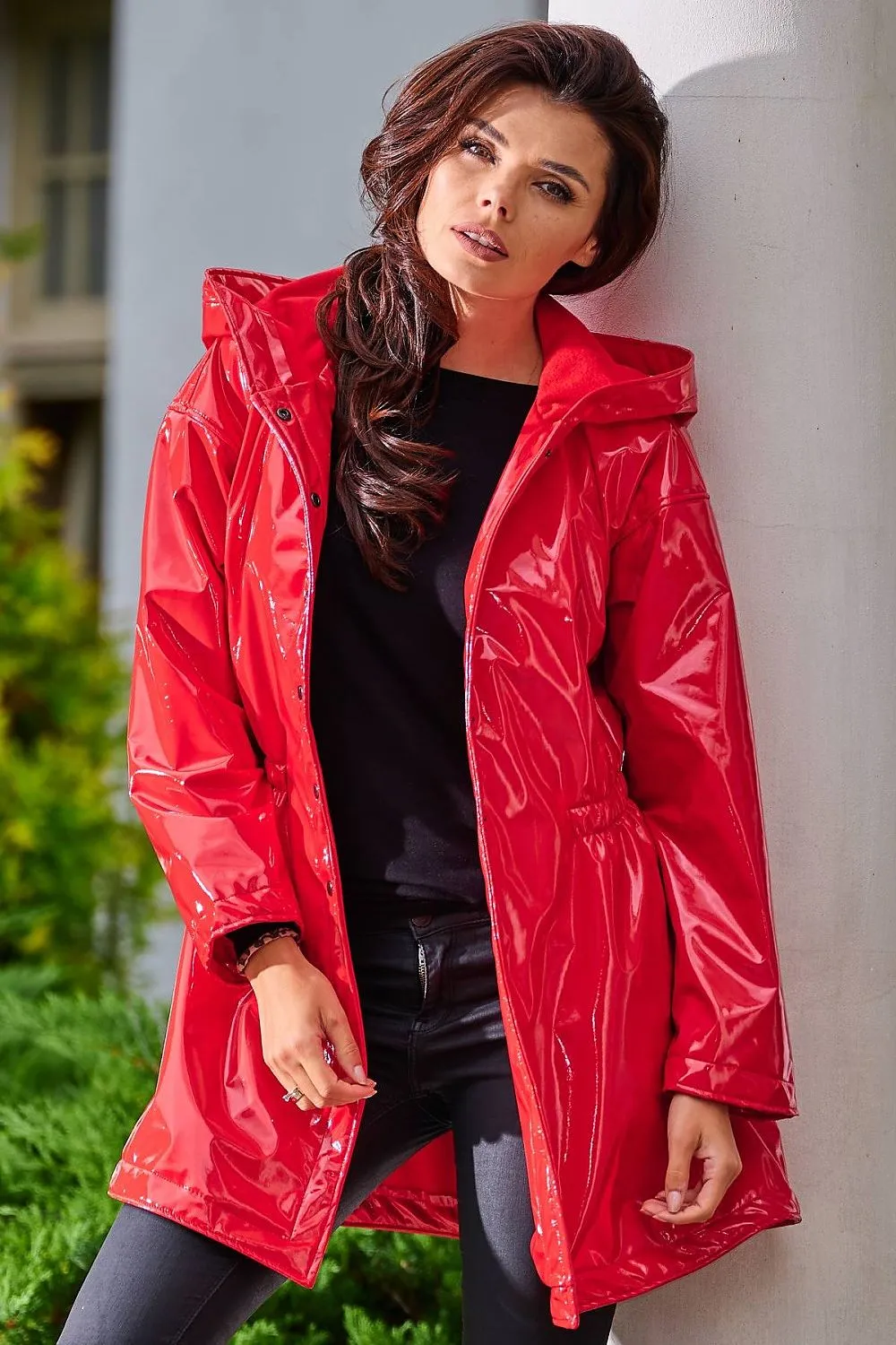 Elegant Hooded Vinyl Raincoat