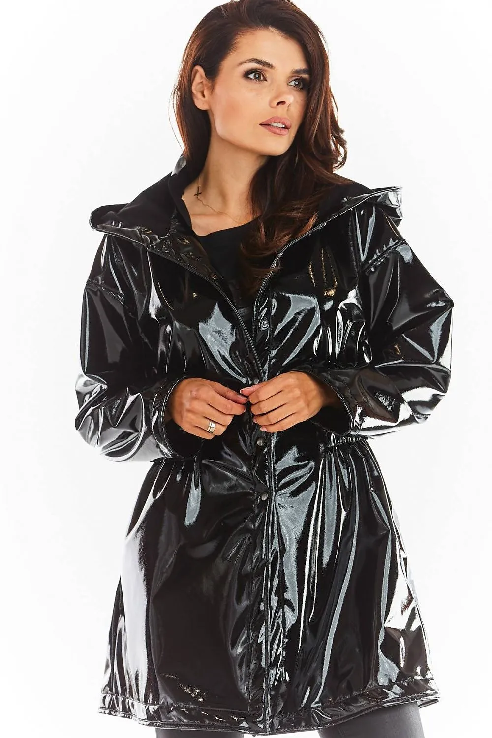 Elegant Hooded Vinyl Raincoat