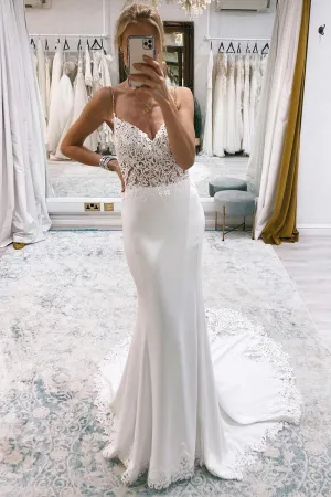 Elliot | White Mermaid Sweep Train Boho Long Mermaid Wedding Dress with Appliques