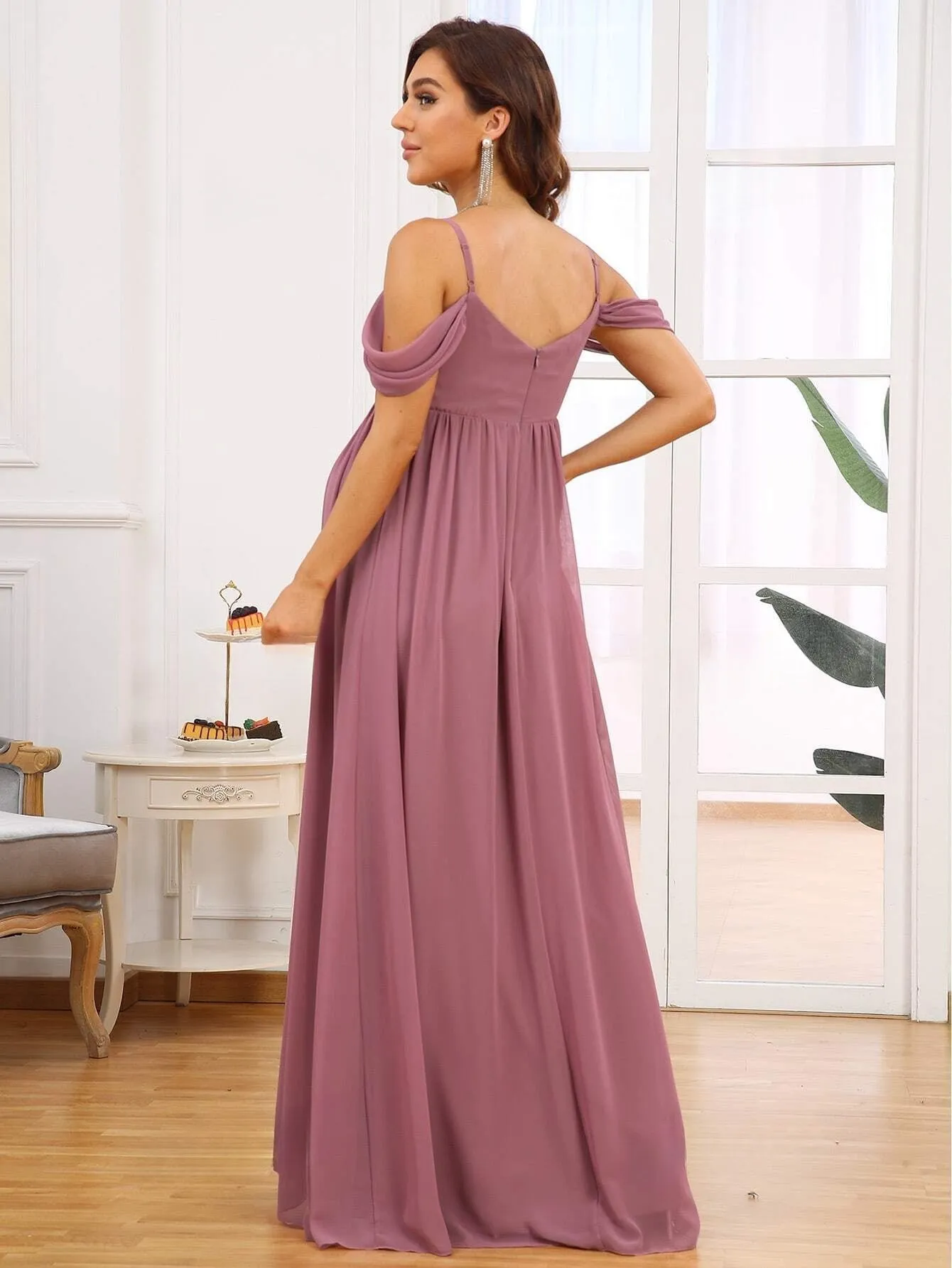 EVER-PRETTY Maternity Cold Shoulder Ruched Chiffon Dress