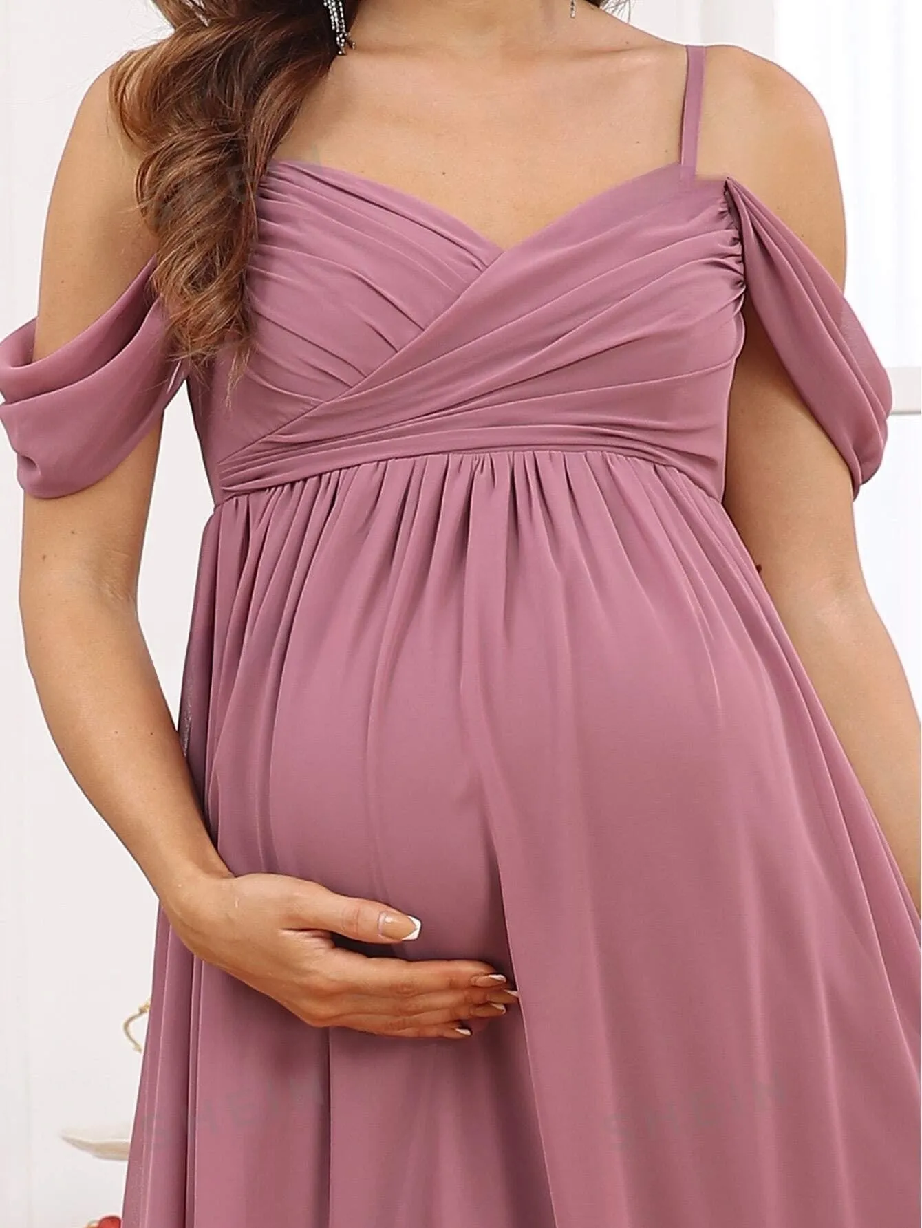 EVER-PRETTY Maternity Cold Shoulder Ruched Chiffon Dress