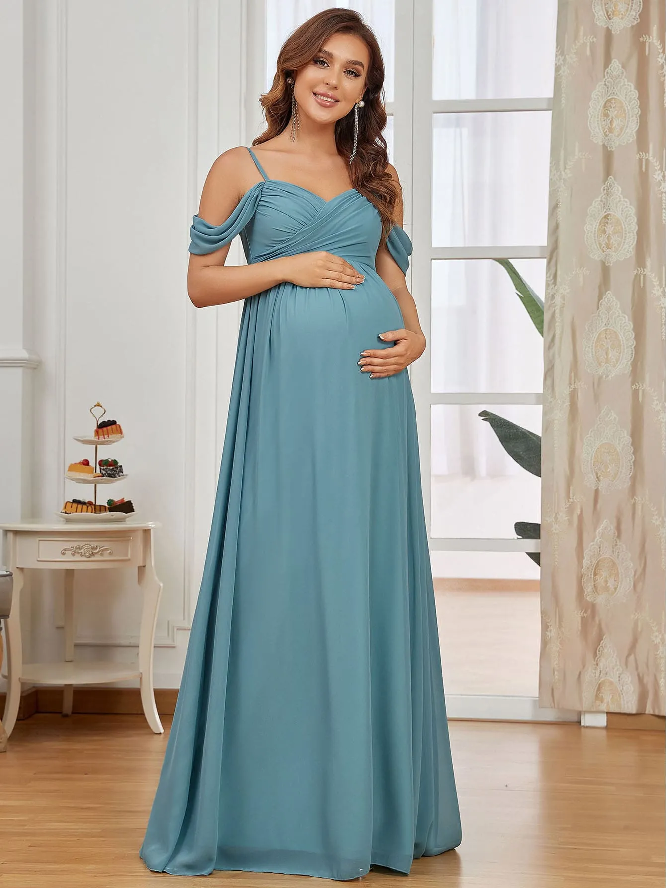 EVER-PRETTY Maternity Cold Shoulder Ruched Chiffon Dress
