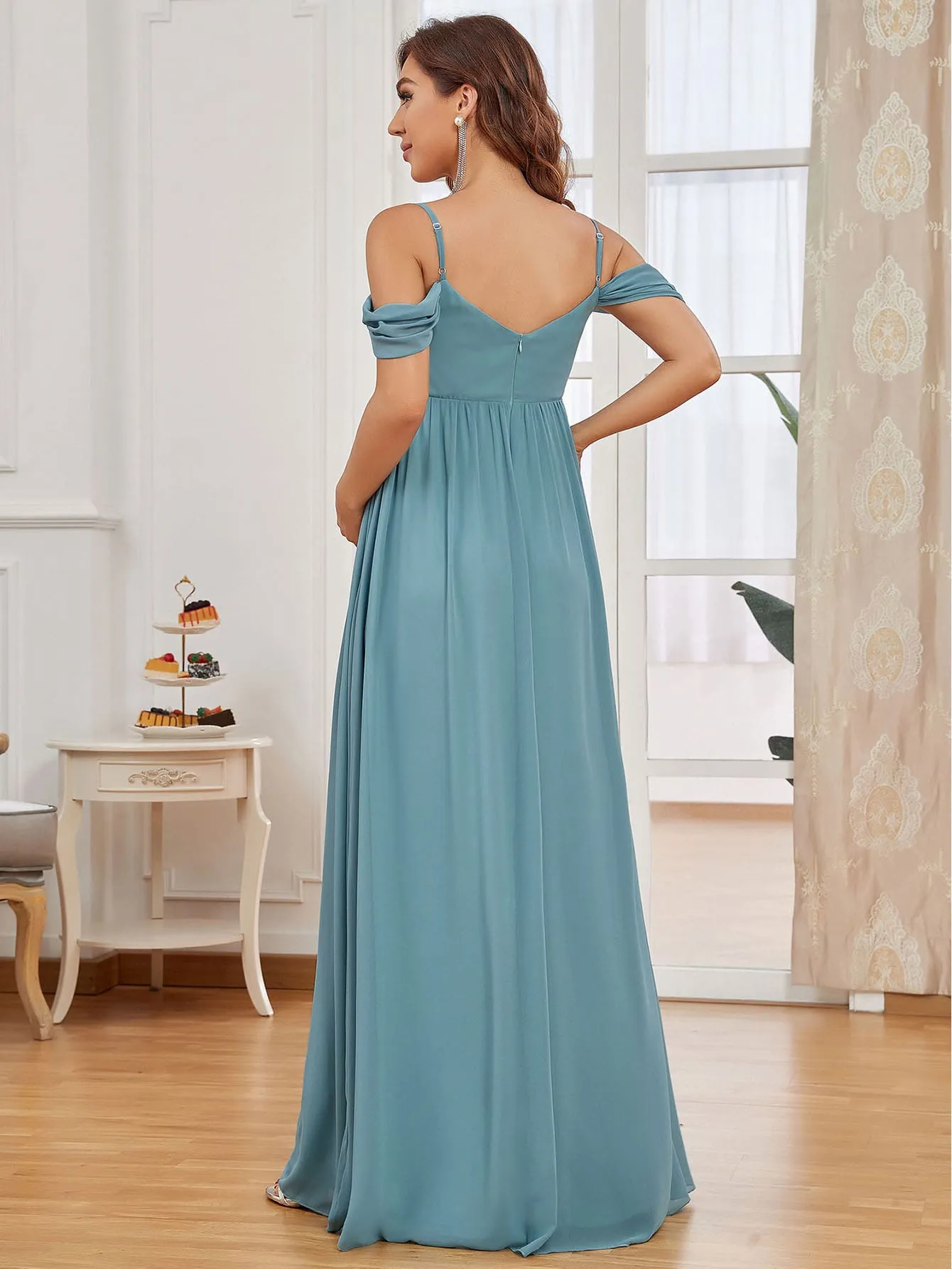 EVER-PRETTY Maternity Cold Shoulder Ruched Chiffon Dress