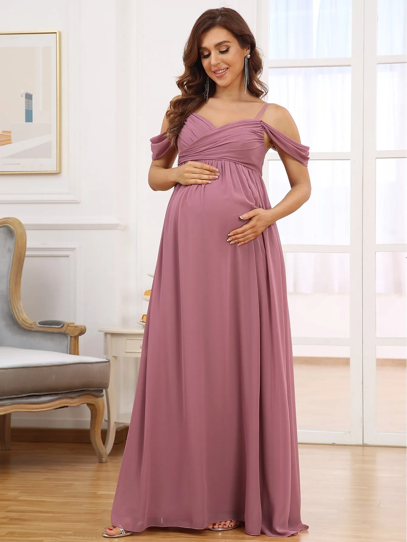 EVER-PRETTY Maternity Cold Shoulder Ruched Chiffon Dress