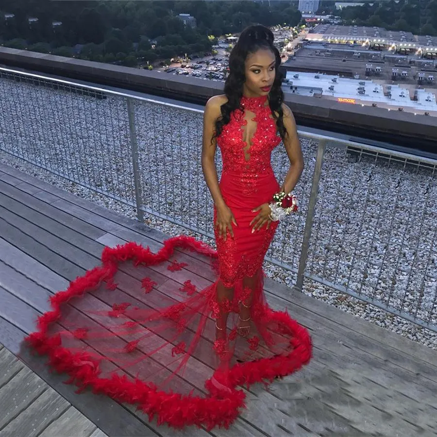 Feather Mermaid Red Evening Dresses