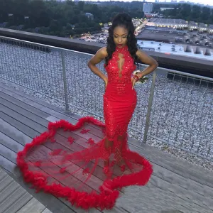 Feather Mermaid Red Evening Dresses