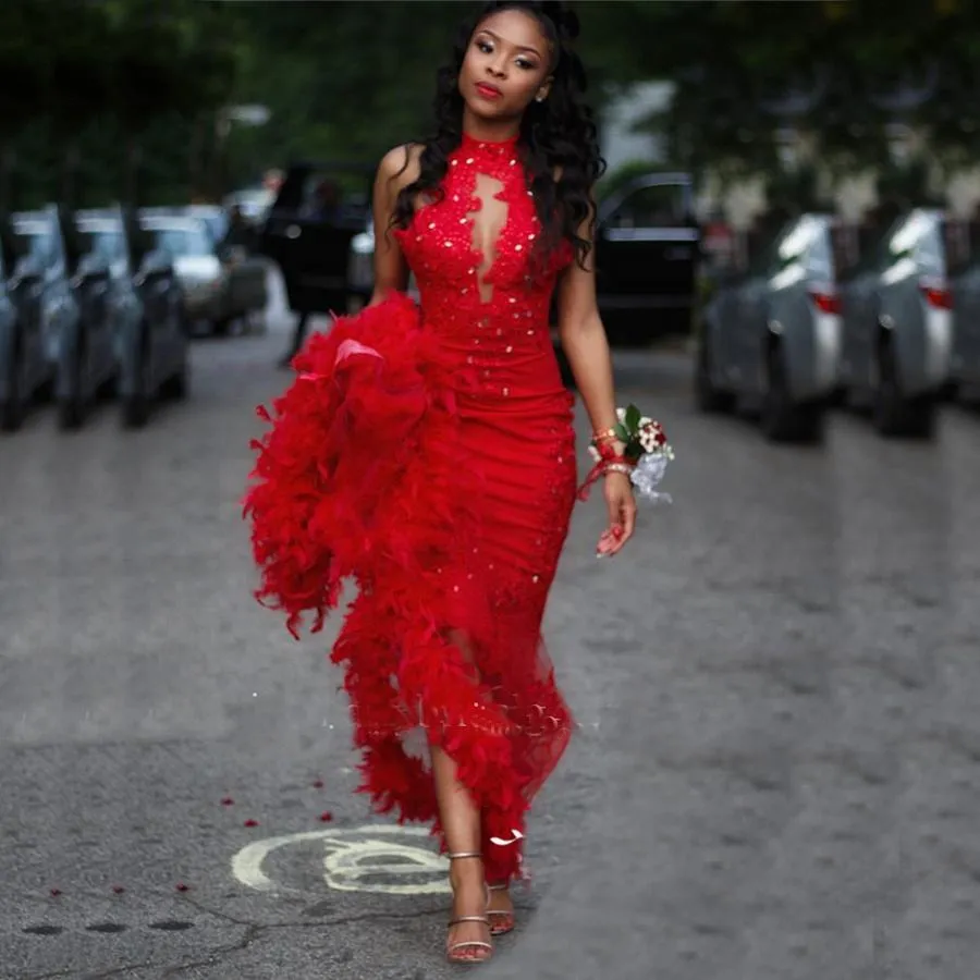 Feather Mermaid Red Evening Dresses