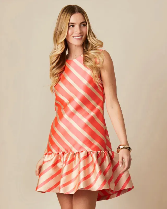 Fee G Madison Coral Stripe Print Frill Hem Mini Dress