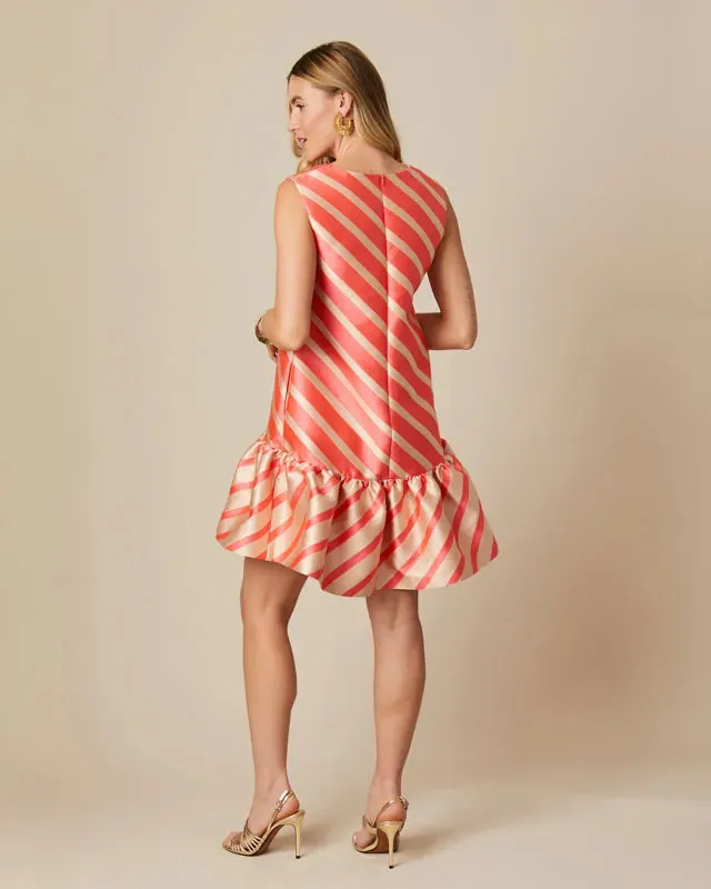 Fee G Madison Coral Stripe Print Frill Hem Mini Dress