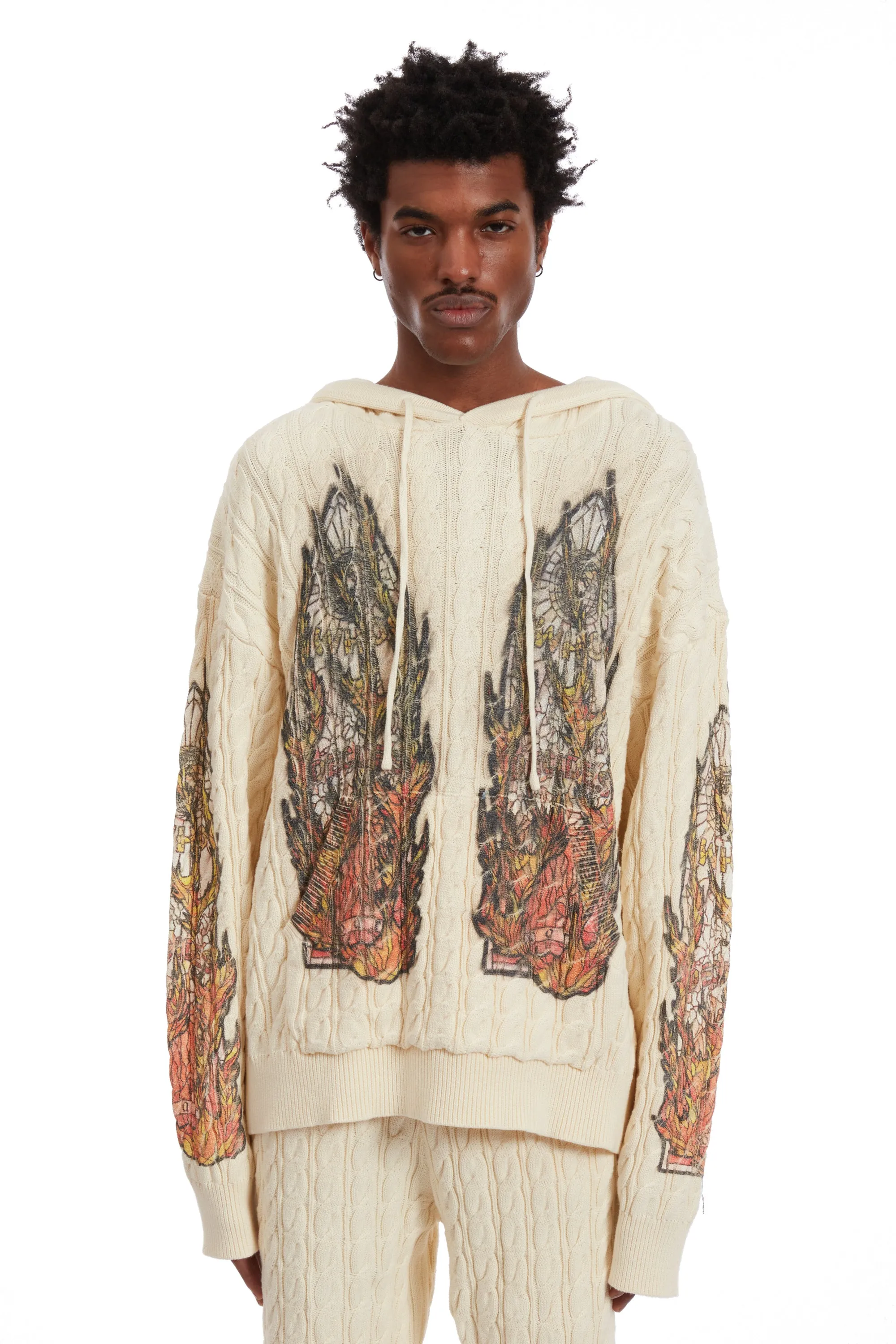 FLAME GLASS CABLE KNIT HOODED PULLOVER