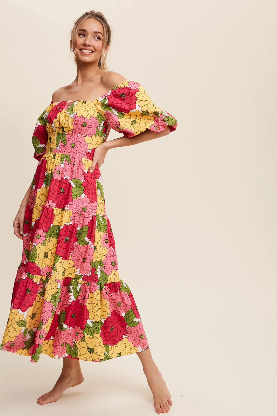 Flower Print Puff Sleeve Tiered Midi Dress