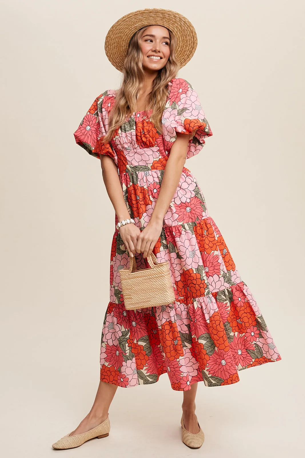 Flower Print Puff Sleeve Tiered Midi Dress