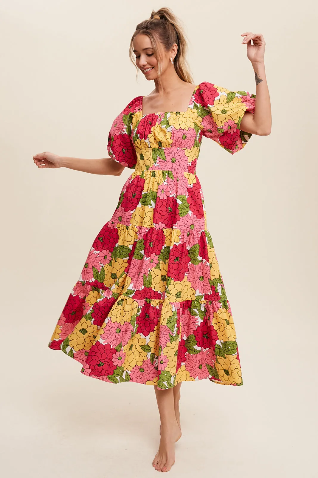 Flower Print Puff Sleeve Tiered Midi Dress