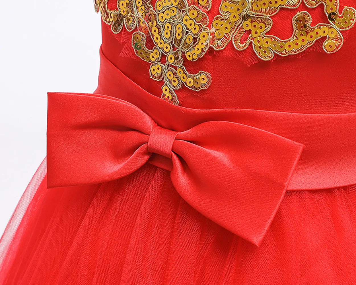 Girls Embroidered Sequins Tulle Dress Big Bow Flower Girl Dress